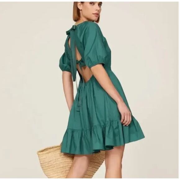 Peter Som Puff Sleeve Ruffle Trim Open Back Mini Dress in Green Size 6 - Picture 1 of 16